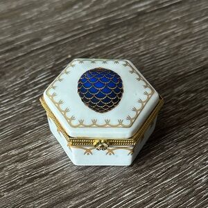 Hexagonal Trinket Box with Blue and Gold Accents